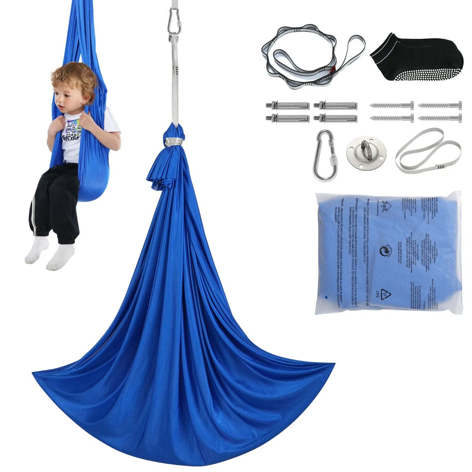 Sensorā šūpule bērniem, 2,8 m, terapijas šūpulis bērniem ar īpašām vajadzībām, iekštelpu un āra šūpulis bērniem un pieaugušajiem ar autismu, ADHD, Aspergera sindromu, sensoro integrāciju, zils