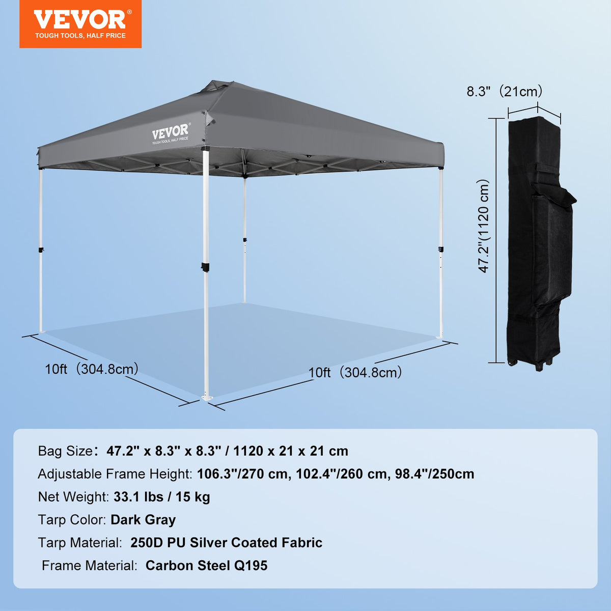 VEVOR Izvelkama nojume 305 x 305 cm, aprīkota ar riteņu glabāšanas somu un specializētu aksesuāru somu, tumši pelēka
