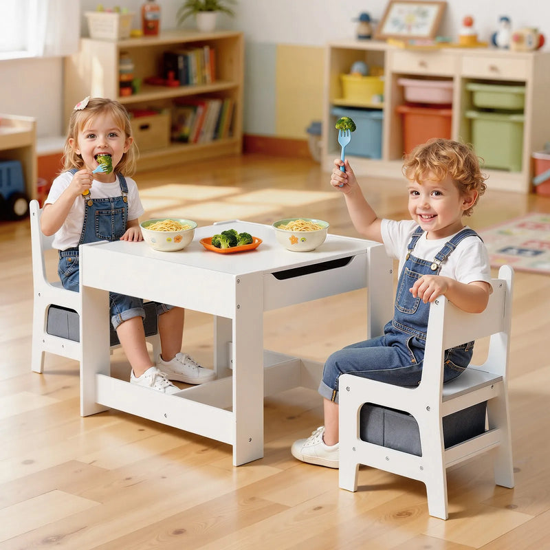 VEVOR bērnu galds ar 2 krēsliem, toddleru galds un krēslu komplekts ar uzglabāšanas vietu zem galda un auduma kastīti zem krēsliem, koka galds mākslai, radošajām aktivitātēm, lasīšanai, mācībām un zīmēšanai, balts.