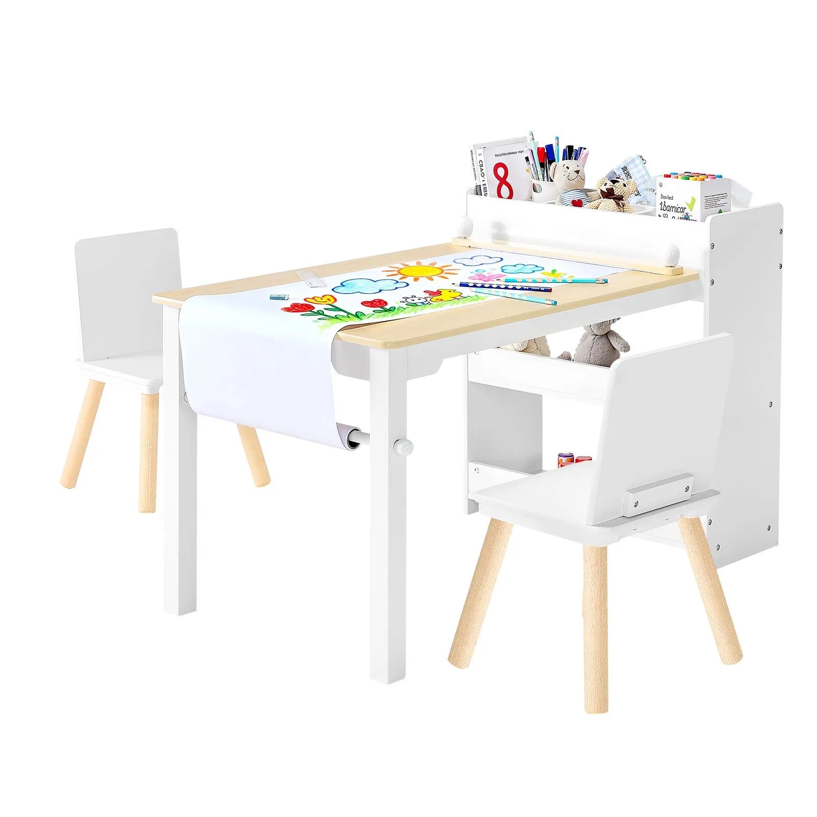 VEVOR bērnu mākslas galds ar krēsliem, toddleru radošais galds ar 3 līmeņu uzglabāšanas skapi, koka aktivitāšu galds ar 2 krēsliem, mākslas un radošajām aktivitātēm, lasīšanai, mācībām, zīmēšanai un rakstīšanai, balts.