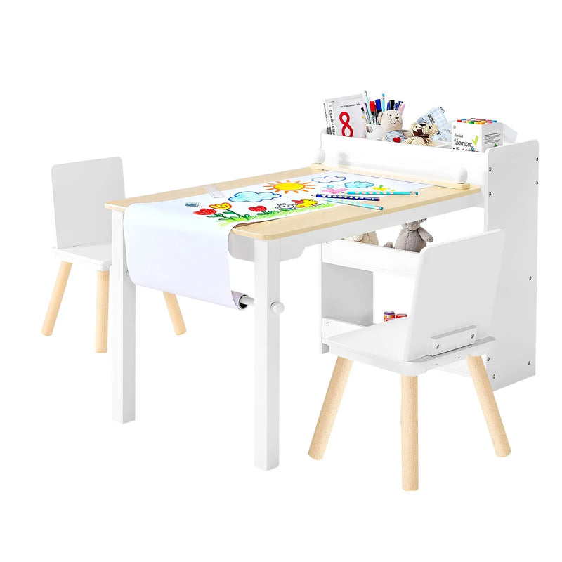 VEVOR bērnu mākslas galds ar krēsliem, toddleru radošais galds ar 3 līmeņu uzglabāšanas skapi, koka aktivitāšu galds ar 2 krēsliem, mākslas un radošajām aktivitātēm, lasīšanai, mācībām, zīmēšanai un rakstīšanai, balts.