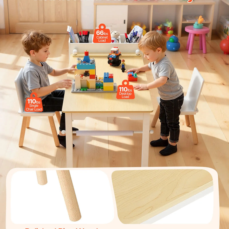 VEVOR bērnu mākslas galds ar krēsliem, toddleru radošais galds ar 3 līmeņu uzglabāšanas skapi, koka aktivitāšu galds ar 2 krēsliem, mākslas un radošajām aktivitātēm, lasīšanai, mācībām, zīmēšanai un rakstīšanai, balts.