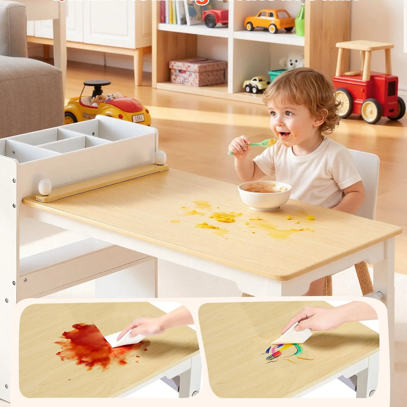 VEVOR bērnu mākslas galds ar krēsliem, toddleru radošais galds ar 3 līmeņu uzglabāšanas skapi, koka aktivitāšu galds ar 2 krēsliem, mākslas un radošajām aktivitātēm, lasīšanai, mācībām, zīmēšanai un rakstīšanai, balts.