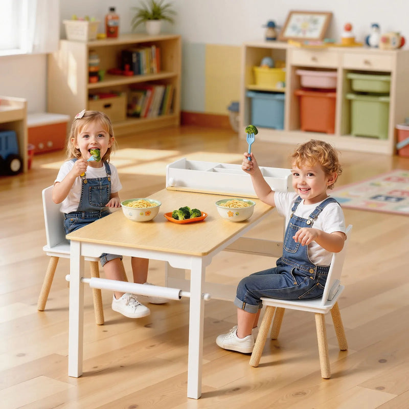 VEVOR bērnu mākslas galds ar krēsliem, toddleru radošais galds ar 3 līmeņu uzglabāšanas skapi, koka aktivitāšu galds ar 2 krēsliem, mākslas un radošajām aktivitātēm, lasīšanai, mācībām, zīmēšanai un rakstīšanai, balts.