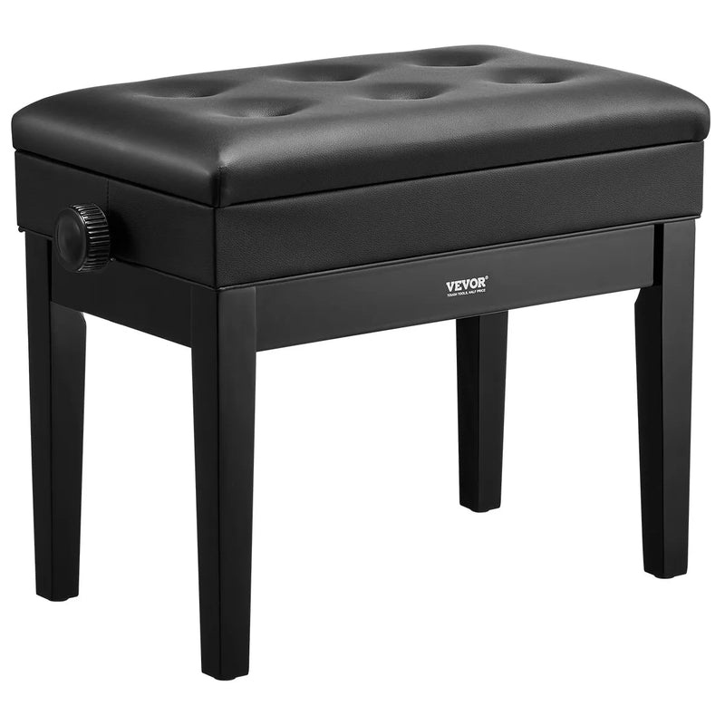 VEVOR regulējams klaviatūras soliņš ar uzglabāšanas nodalījumu, polsterētu sēdvietu un koka plauktu, 56 × 34 × 49 cm