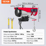 VEVOR electric hoist, lifting power 1000 kg, 1600W, 220V, steel wire rope winch with wireless remote control, lifting height 12,2 m, suitable for garages, warehouses and factories.