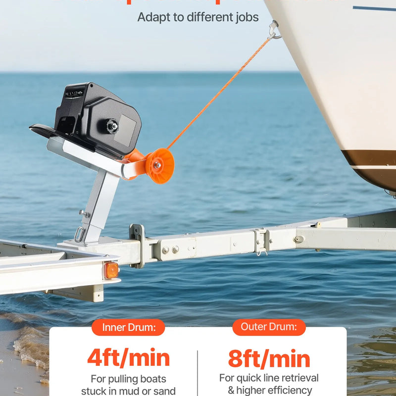VEVOR elektriskā laivu vinča 12 V DC, 300 W, reversējama piekabes vinča laivām līdz 900 kg, ar ievelkšanas, izvilkšanas un brīvskrējiena režīmu, vadu pulti un rokas kloķi.