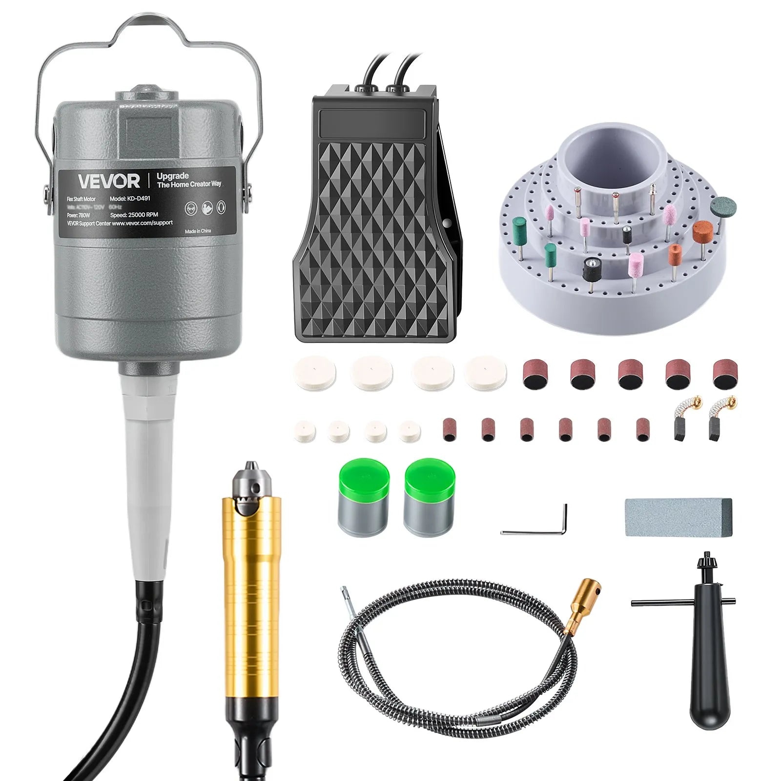 VEVOR elastīgās vārpstas slīpmašīna, 780 W, 25 000 apgr./min elektrisks rotācijas instruments ar kājas pedāļa vadību, piekarināms gravieris/slīpmašīna ar 112 piederumu komplektu slīpēšanai, pulēšanai, apdarei un griešanai