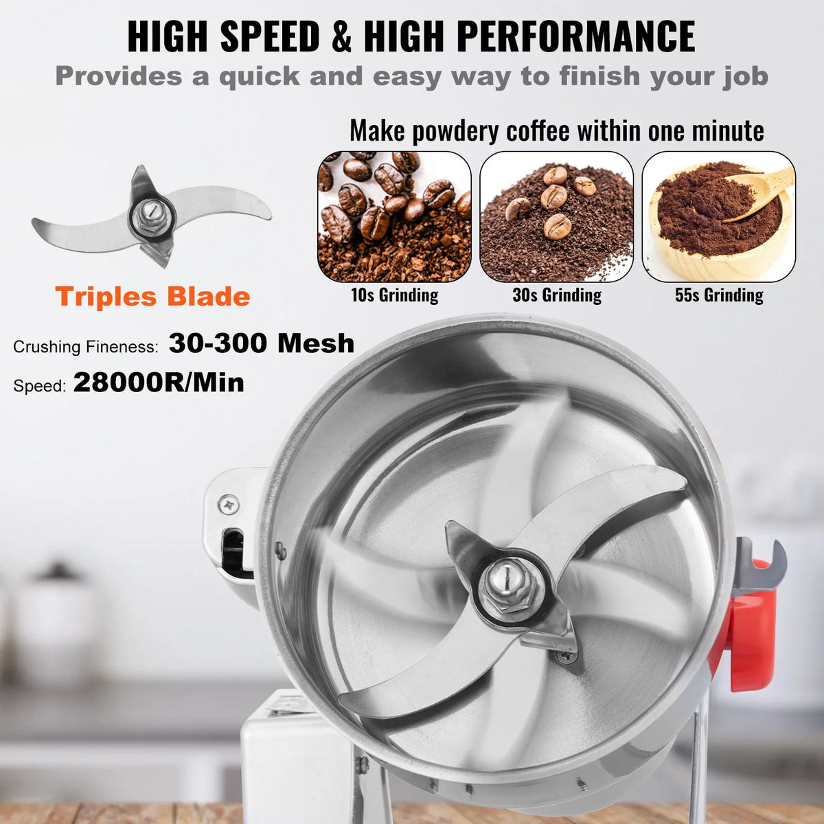 VEVOR 300 g elektriskās graudu dzirnaviņas, 1500 W augstas ātrdarbības komerciālā garšvielu malšanas iekārta, nerūsējošā tērauda pulverizators sausu graudu, garšvielu, graudaugu, kafijas, kukurūzas un piparu malšanai, šūpojamā tipa