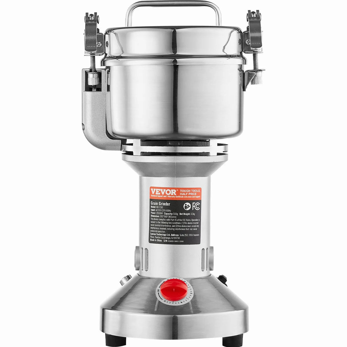 VEVOR 550 g elektriskās graudu dzirnaviņas, 2000 W augstas ātrdarbības komerciālā garšvielu malšanas iekārta, nerūsējošā tērauda pulverizators sausu graudu, garšvielu, graudaugu, kafijas, kukurūzas un piparu malšanai, taisnā tipa