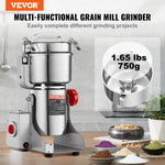 VEVOR 750 g elektriskās graudu dzirnaviņas, 2000 W augstas ātrdarbības komerciālā garšvielu malšanas iekārta, nerūsējošā tērauda pulverizators sausu graudu, garšvielu, graudaugu, kafijas, kukurūzas un piparu malšanai, šūpojamā tipa