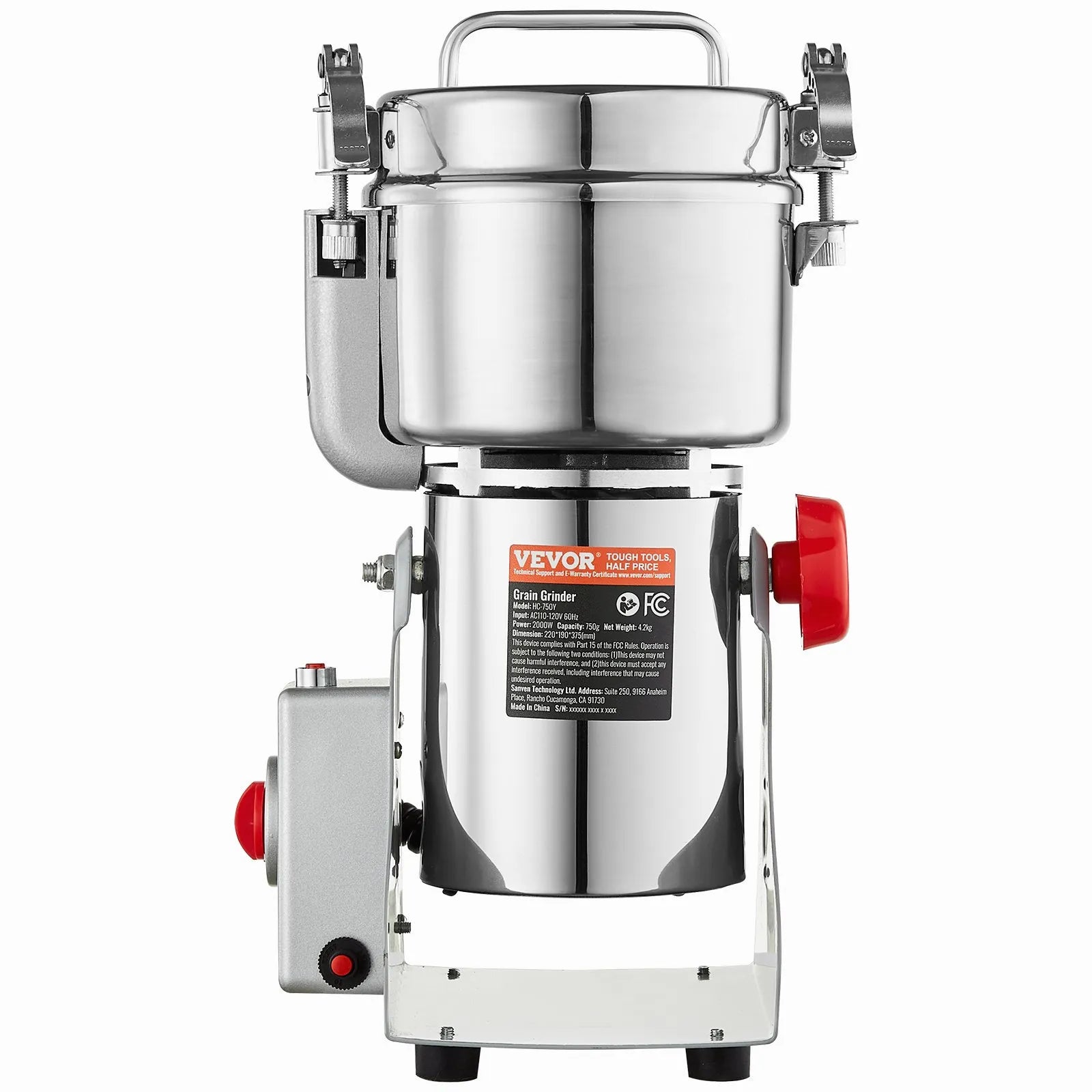 VEVOR 750 g elektriskās graudu dzirnaviņas, 2000 W augstas ātrdarbības komerciālā garšvielu malšanas iekārta, nerūsējošā tērauda pulverizators sausu graudu, garšvielu, graudaugu, kafijas, kukurūzas un piparu malšanai, šūpojamā tipa