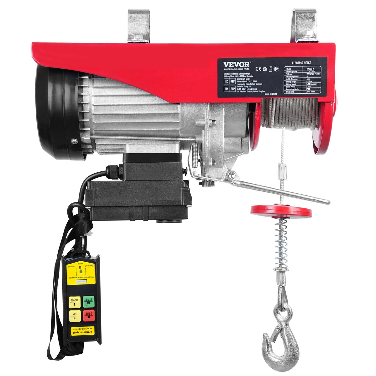 VEVOR electric hoist, 250 kg lifting capacity, 510 W, 220 V steel wire rope winch with wireless remote control, 12 m lifting height (single rope), pure copper motor, for garage, warehouse, factory