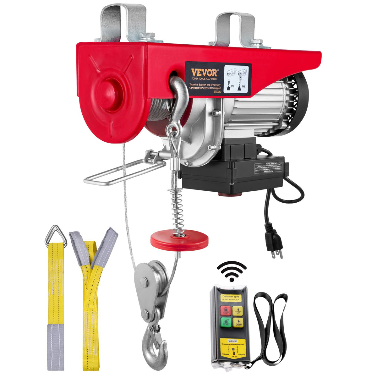 VEVOR electric hoist, 250 kg lifting capacity, 510 W, 220 V steel wire rope winch with wireless remote control, 12 m lifting height (single rope), pure copper motor, for garage, warehouse, factory