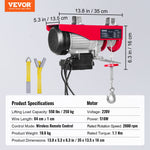 VEVOR electric hoist, 250 kg lifting capacity, 510 W, 220 V steel wire rope winch with wireless remote control, 12 m lifting height (single rope), pure copper motor, for garage, warehouse, factory