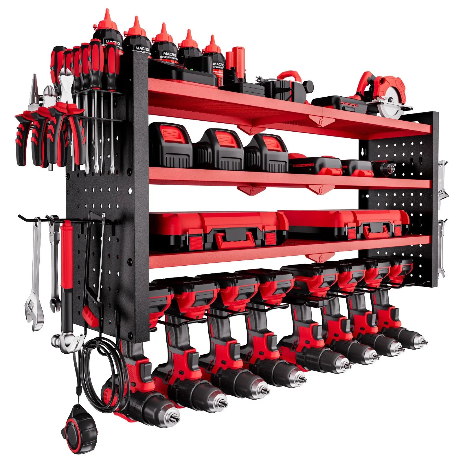 VEVOR sienas stiprināms elektroinstrumentu organizators, 4 līmeņu plaukts ar 8 urbju turētājiem, instrumentu turētājs ar sānu perforētajām plāksnēm, garāžas plaukts garāžai, darba galdam un darbnīcai