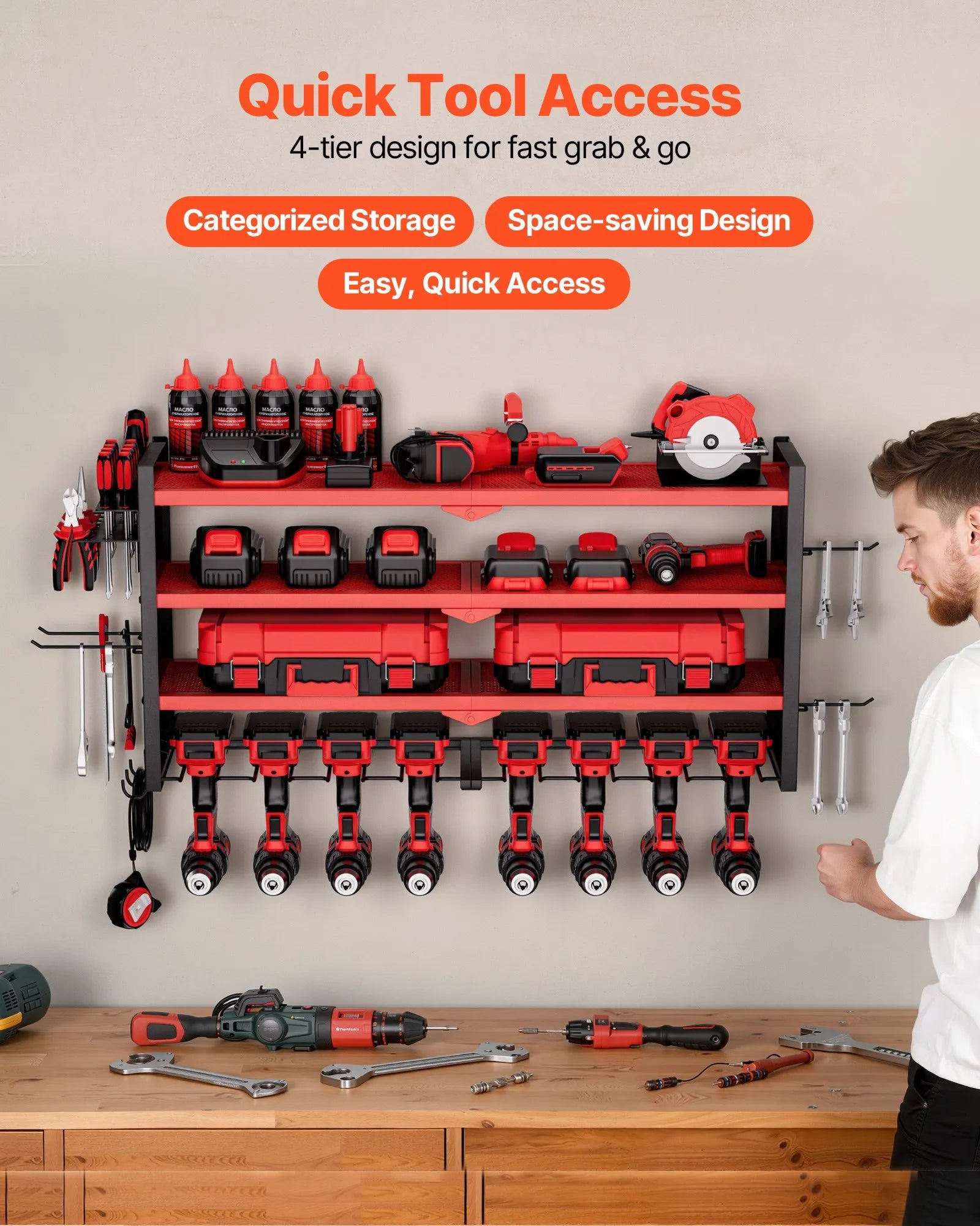 VEVOR sienas stiprināms elektroinstrumentu organizators, 4 līmeņu plaukts ar 8 urbju turētājiem, instrumentu turētājs ar sānu perforētajām plāksnēm, garāžas plaukts garāžai, darba galdam un darbnīcai