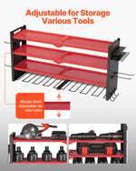 VEVOR sienas stiprināms elektroinstrumentu organizators, 4 līmeņu plaukts ar 8 urbju turētājiem, instrumentu turētājs ar sānu perforētajām plāksnēm, garāžas plaukts garāžai, darba galdam un darbnīcai