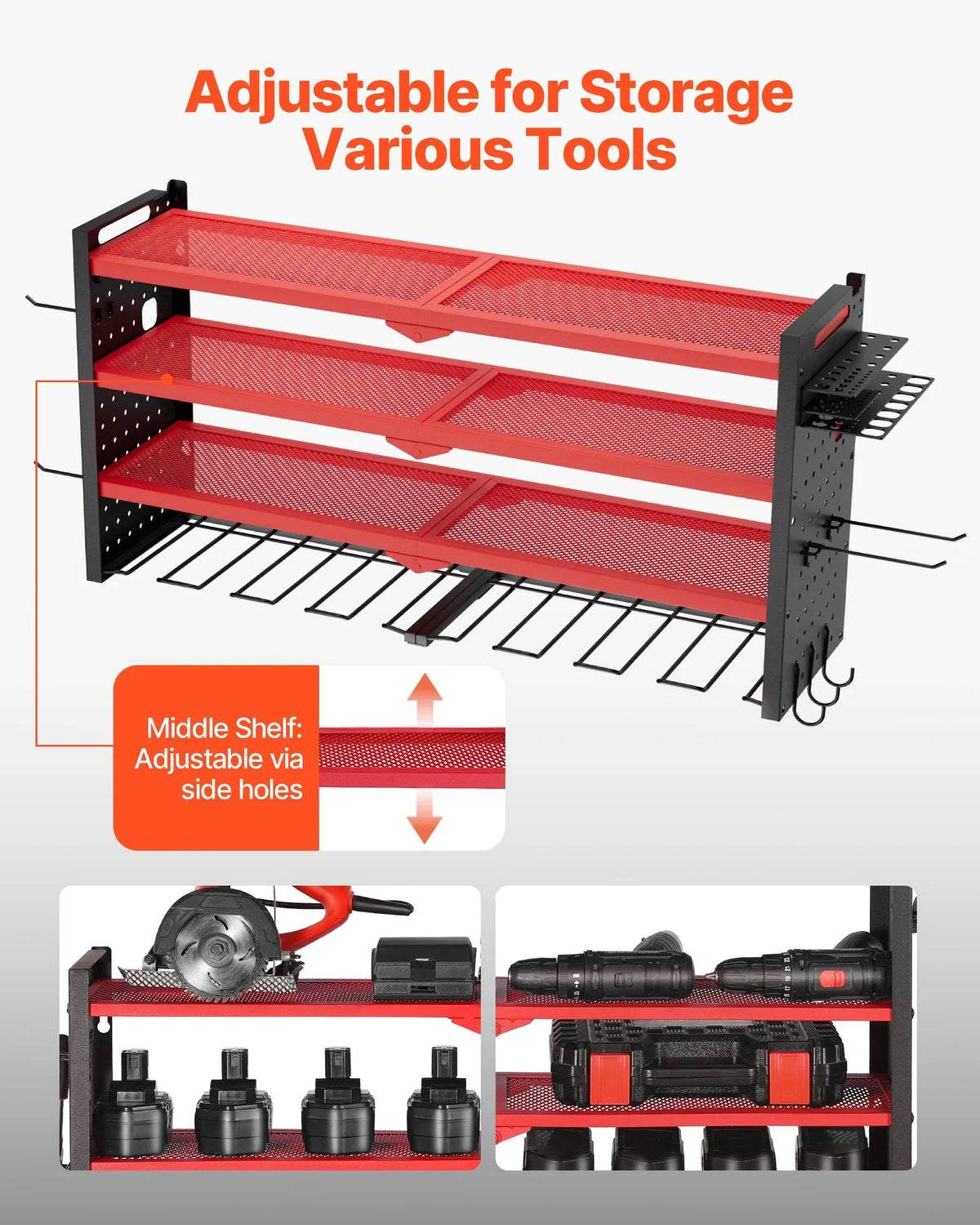 VEVOR sienas stiprināms elektroinstrumentu organizators, 4 līmeņu plaukts ar 8 urbju turētājiem, instrumentu turētājs ar sānu perforētajām plāksnēm, garāžas plaukts garāžai, darba galdam un darbnīcai