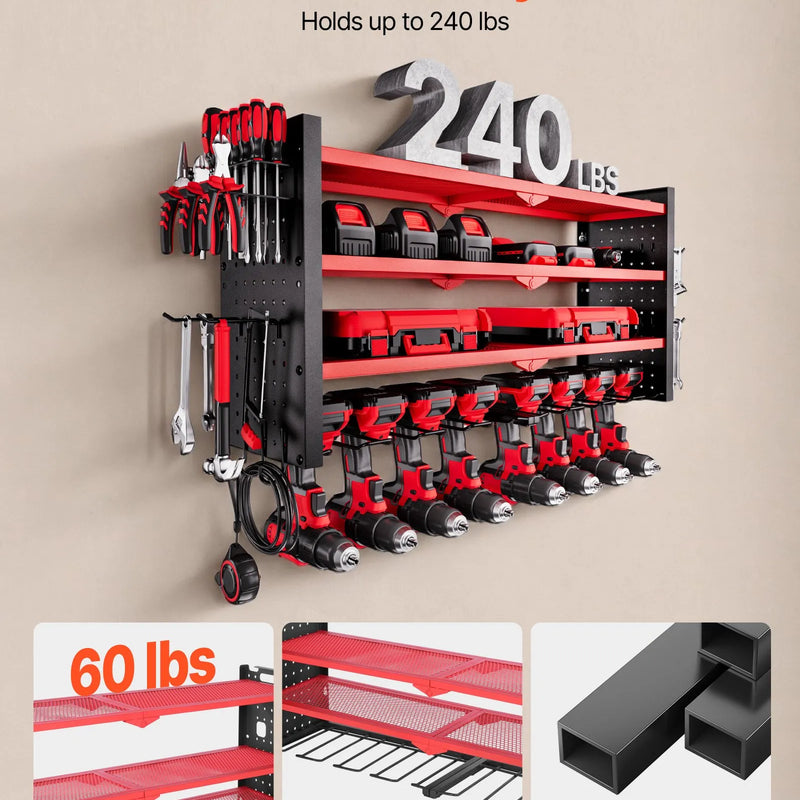 VEVOR sienas stiprināms elektroinstrumentu organizators, 4 līmeņu plaukts ar 8 urbju turētājiem, instrumentu turētājs ar sānu perforētajām plāksnēm, garāžas plaukts garāžai, darba galdam un darbnīcai