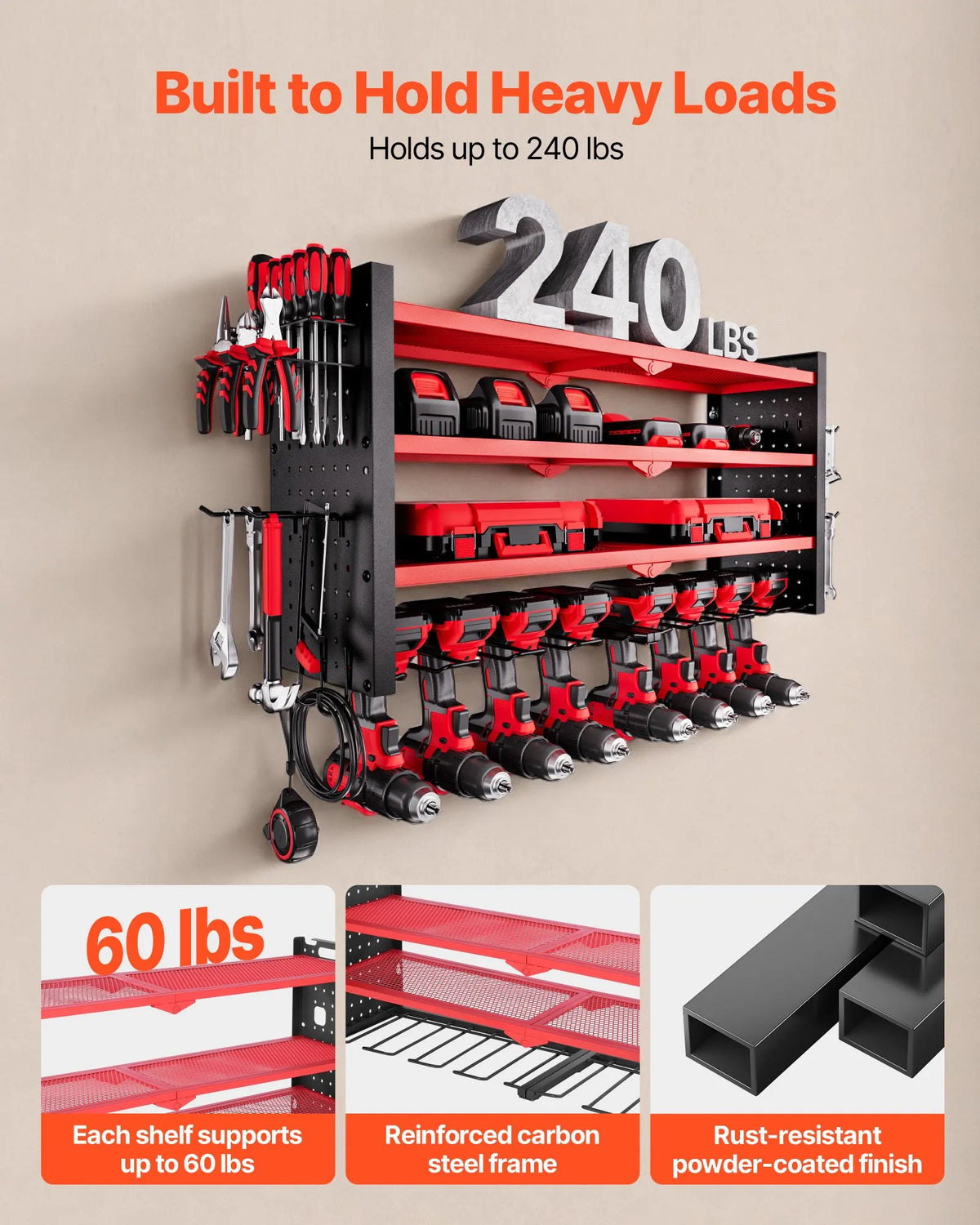 VEVOR sienas stiprināms elektroinstrumentu organizators, 4 līmeņu plaukts ar 8 urbju turētājiem, instrumentu turētājs ar sānu perforētajām plāksnēm, garāžas plaukts garāžai, darba galdam un darbnīcai