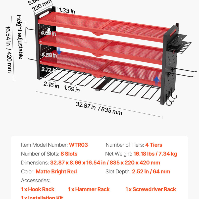 VEVOR sienas stiprināms elektroinstrumentu organizators, 4 līmeņu plaukts ar 8 urbju turētājiem, instrumentu turētājs ar sānu perforētajām plāksnēm, garāžas plaukts garāžai, darba galdam un darbnīcai