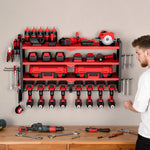 VEVOR sienas stiprināms elektroinstrumentu organizators, 4 līmeņu plaukts ar 8 urbju turētājiem, instrumentu turētājs ar sānu perforētajām plāksnēm, garāžas plaukts garāžai, darba galdam un darbnīcai