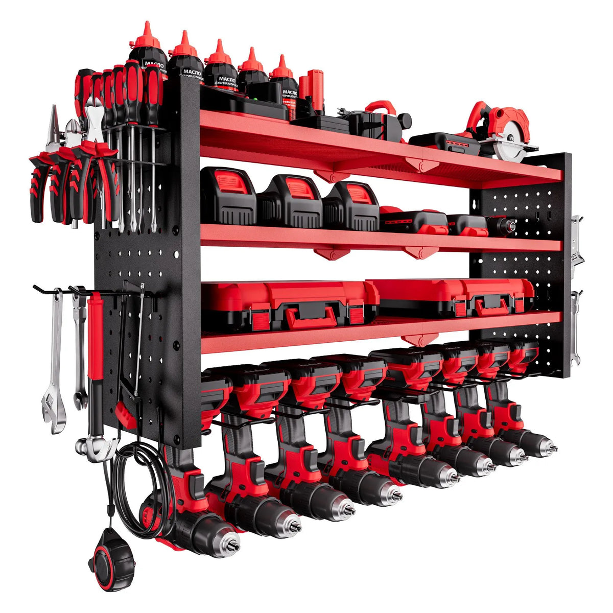 VEVOR sienas stiprināms elektroinstrumentu organizators, 4 līmeņu plaukts ar 8 urbju turētājiem, instrumentu turētājs ar sānu perforētajām plāksnēm, garāžas plaukts garāžai, darba galdam un darbnīcai