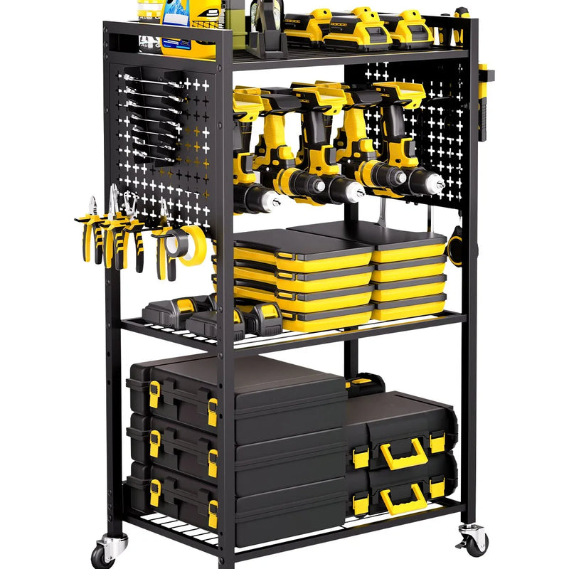 VEVOR 4 līmeņu instrumentu organizatora rati ar 68 kg slodzi, grīdas statīvs ar riteņiem urbju turētājam un stabilu uzglabāšanas plauktu, izturīgi rati darbnīcai un garāžai, melni