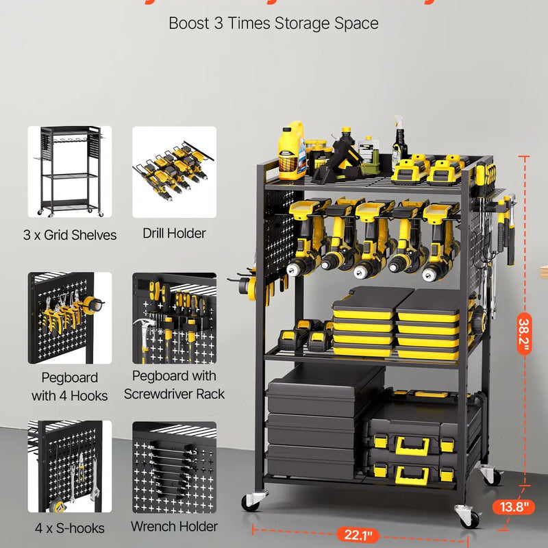 VEVOR 4 līmeņu instrumentu organizatora rati ar 68 kg slodzi, grīdas statīvs ar riteņiem urbju turētājam un stabilu uzglabāšanas plauktu, izturīgi rati darbnīcai un garāžai, melni