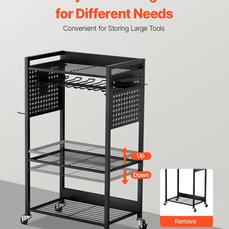 VEVOR 4 līmeņu instrumentu organizatora rati ar 68 kg slodzi, grīdas statīvs ar riteņiem urbju turētājam un stabilu uzglabāšanas plauktu, izturīgi rati darbnīcai un garāžai, melni