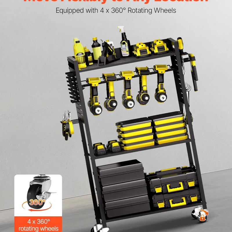 VEVOR 4 līmeņu instrumentu organizatora rati ar 68 kg slodzi, grīdas statīvs ar riteņiem urbju turētājam un stabilu uzglabāšanas plauktu, izturīgi rati darbnīcai un garāžai, melni
