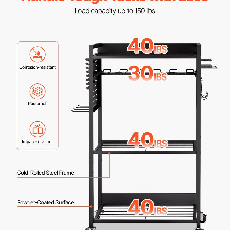 VEVOR 4 līmeņu instrumentu organizatora rati ar 68 kg slodzi, grīdas statīvs ar riteņiem urbju turētājam un stabilu uzglabāšanas plauktu, izturīgi rati darbnīcai un garāžai, melni