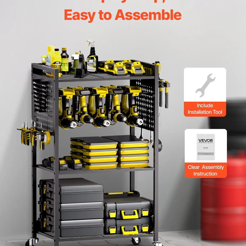 VEVOR 4 līmeņu instrumentu organizatora rati ar 68 kg slodzi, grīdas statīvs ar riteņiem urbju turētājam un stabilu uzglabāšanas plauktu, izturīgi rati darbnīcai un garāžai, melni