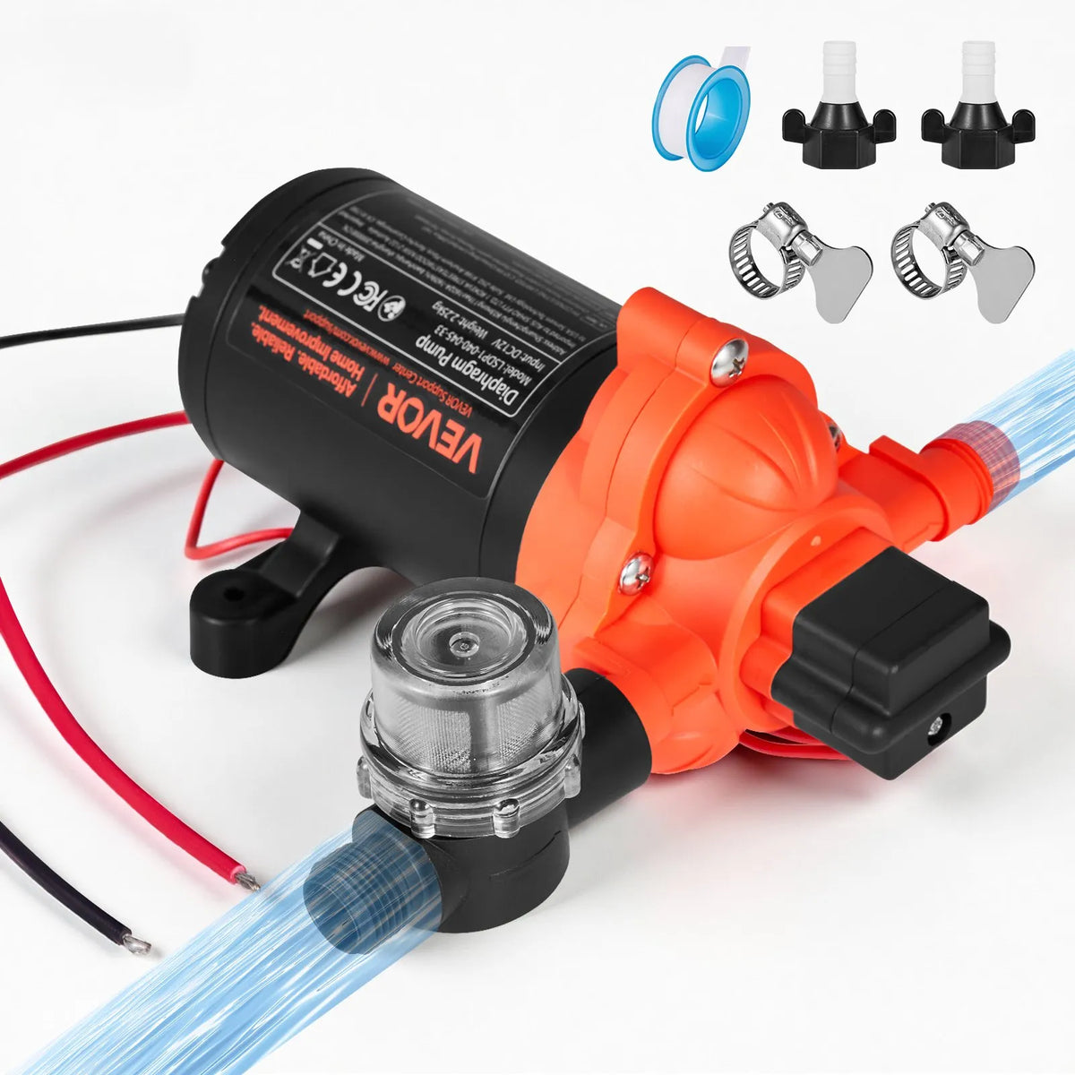 VEVOR kempera ūdens sūknis, 12 V DC, 15,1 l/min, 3 kameru pašuzsūcošs diafragmas sūknis ar automātisko spiediena slēdzi, maks. spiediens 2,8 bar, darbība pēc pieprasījuma kemperiem, karavānām, laivām, jahtām un automazgāšanai