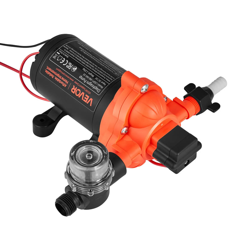 VEVOR kempera ūdens sūknis, 12 V DC, 15,1 l/min, 3 kameru pašuzsūcošs diafragmas sūknis ar automātisko spiediena slēdzi, maks. spiediens 2,8 bar, darbība pēc pieprasījuma kemperiem, karavānām, laivām, jahtām un automazgāšanai