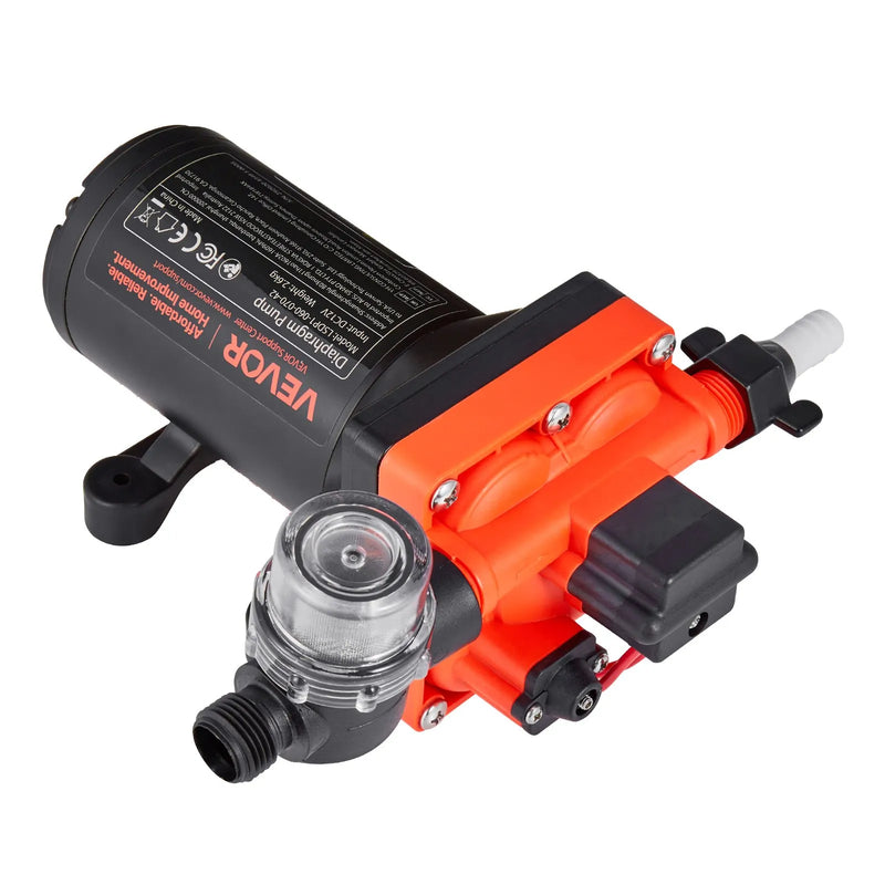 VEVOR kempera ūdens sūknis, 12 V DC, 22,7 l/min, 4 kameru pašuzsūcošs diafragmas sūknis ar automātisko spiediena slēdzi, maks. spiediens 4,8 bar, darbība pēc pieprasījuma kemperiem, karavānām, laivām, jahtām un automazgāšanai