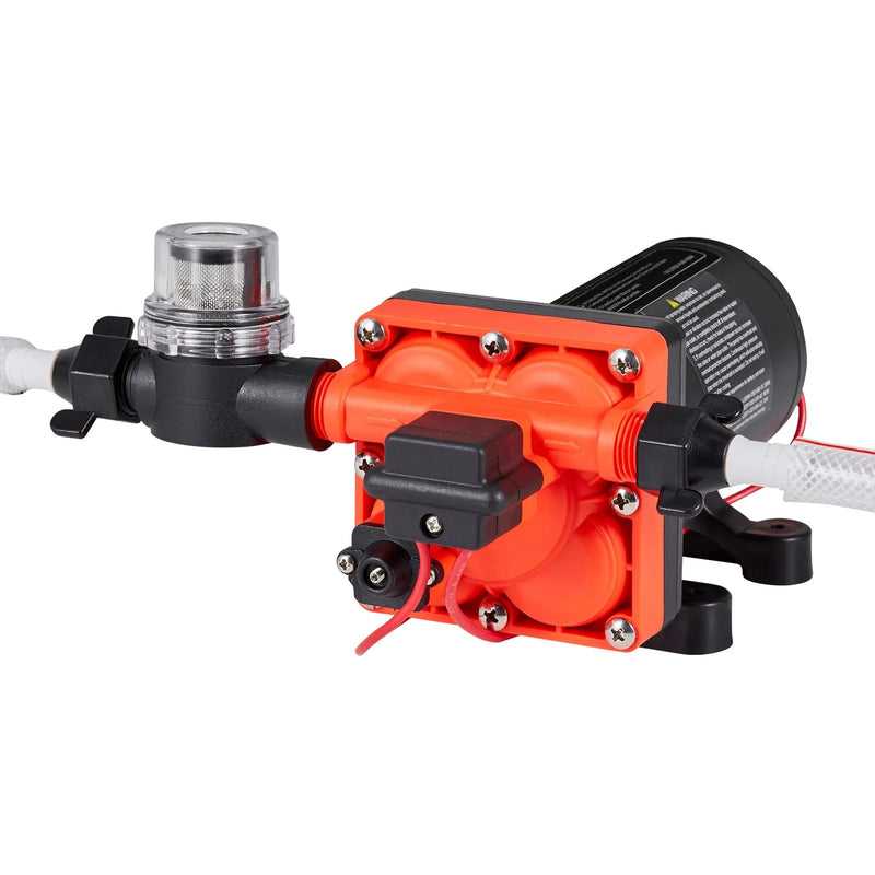 VEVOR kempera ūdens sūknis, 12 V DC, 18,9 l/min, 4 kameru pašuzsūcošs diafragmas sūknis ar automātisko spiediena slēdzi, maks. spiediens 4,8 bar, darbība pēc pieprasījuma kemperiem, karavānām, laivām, jahtām un automazgāšanai