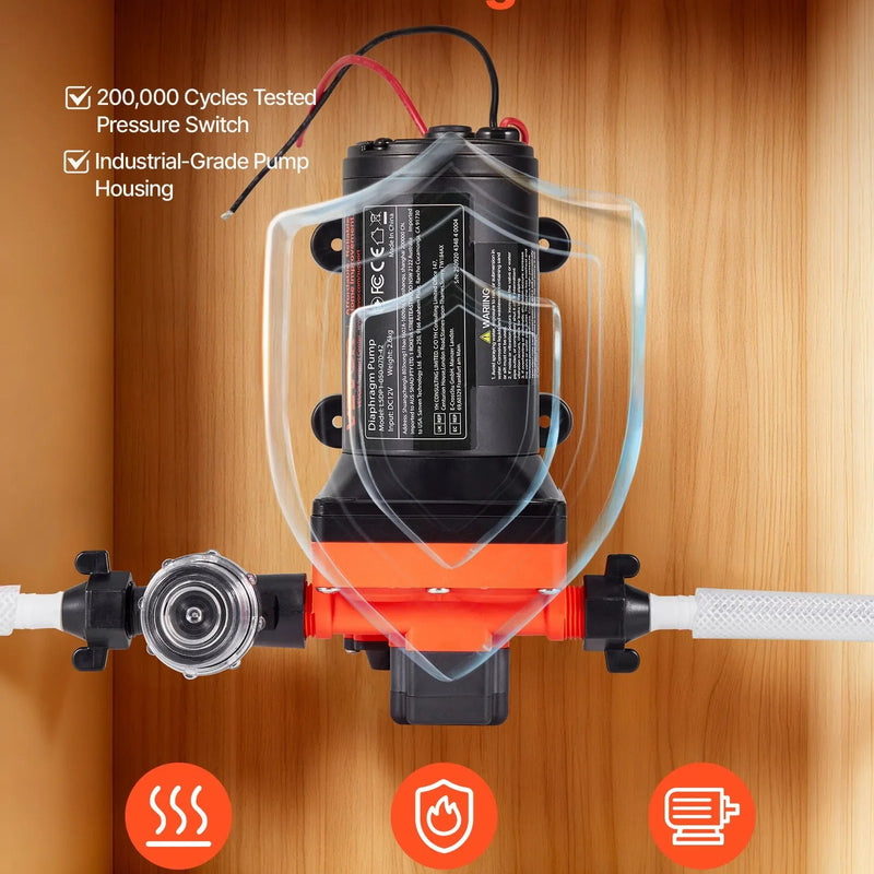 VEVOR kempera ūdens sūknis, 12 V DC, 18,9 l/min, 4 kameru pašuzsūcošs diafragmas sūknis ar automātisko spiediena slēdzi, maks. spiediens 4,8 bar, darbība pēc pieprasījuma kemperiem, karavānām, laivām, jahtām un automazgāšanai