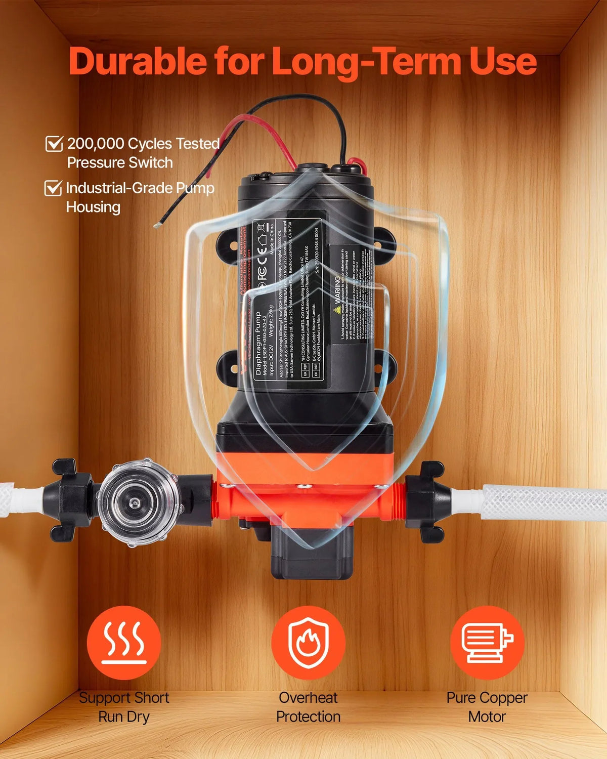 VEVOR kempera ūdens sūknis, 12 V DC, 18,9 l/min, 4 kameru pašuzsūcošs diafragmas sūknis ar automātisko spiediena slēdzi, maks. spiediens 4,8 bar, darbība pēc pieprasījuma kemperiem, karavānām, laivām, jahtām un automazgāšanai