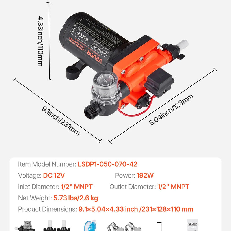 VEVOR kempera ūdens sūknis, 12 V DC, 18,9 l/min, 4 kameru pašuzsūcošs diafragmas sūknis ar automātisko spiediena slēdzi, maks. spiediens 4,8 bar, darbība pēc pieprasījuma kemperiem, karavānām, laivām, jahtām un automazgāšanai