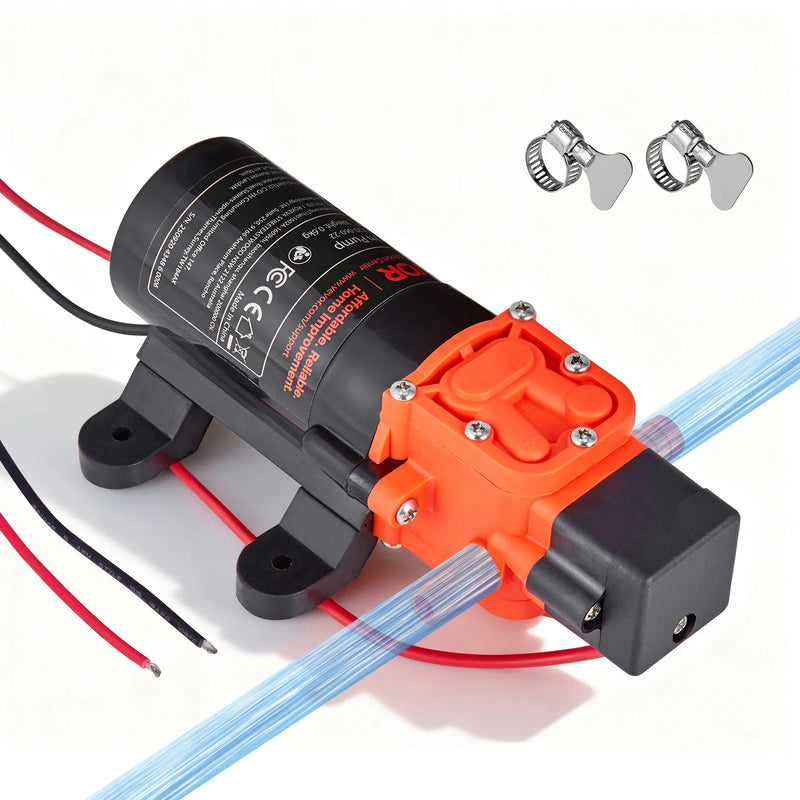 VEVOR ūdens spiediena sūknis, 12 V DC, 4,5 l/min, 2 kameru pašuzsūcošs diafragmas sūknis ar 2 šļūteņu skavām, maks. spiediens 5,5 bar, klusa darbība kemperiem, karavānām, laivām un dārza apūdeņošanai