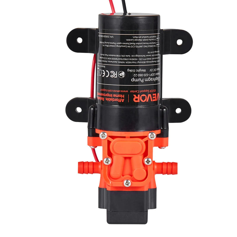 VEVOR ūdens spiediena sūknis, 12 V DC, 4,5 l/min, 2 kameru pašuzsūcošs diafragmas sūknis ar 2 šļūteņu skavām, maks. spiediens 5,5 bar, klusa darbība kemperiem, karavānām, laivām un dārza apūdeņošanai