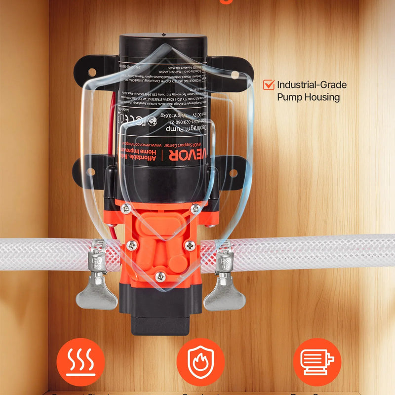 VEVOR ūdens spiediena sūknis, 12 V DC, 4,5 l/min, 2 kameru pašuzsūcošs diafragmas sūknis ar 2 šļūteņu skavām, maks. spiediens 5,5 bar, klusa darbība kemperiem, karavānām, laivām un dārza apūdeņošanai