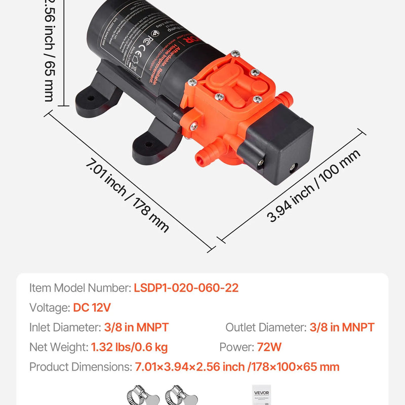 VEVOR ūdens spiediena sūknis, 12 V DC, 4,5 l/min, 2 kameru pašuzsūcošs diafragmas sūknis ar 2 šļūteņu skavām, maks. spiediens 5,5 bar, klusa darbība kemperiem, karavānām, laivām un dārza apūdeņošanai