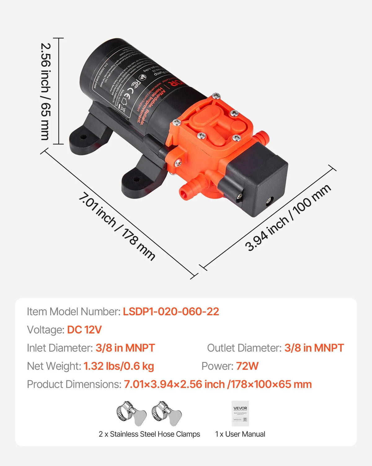 VEVOR ūdens spiediena sūknis, 12 V DC, 4,5 l/min, 2 kameru pašuzsūcošs diafragmas sūknis ar 2 šļūteņu skavām, maks. spiediens 5,5 bar, klusa darbība kemperiem, karavānām, laivām un dārza apūdeņošanai