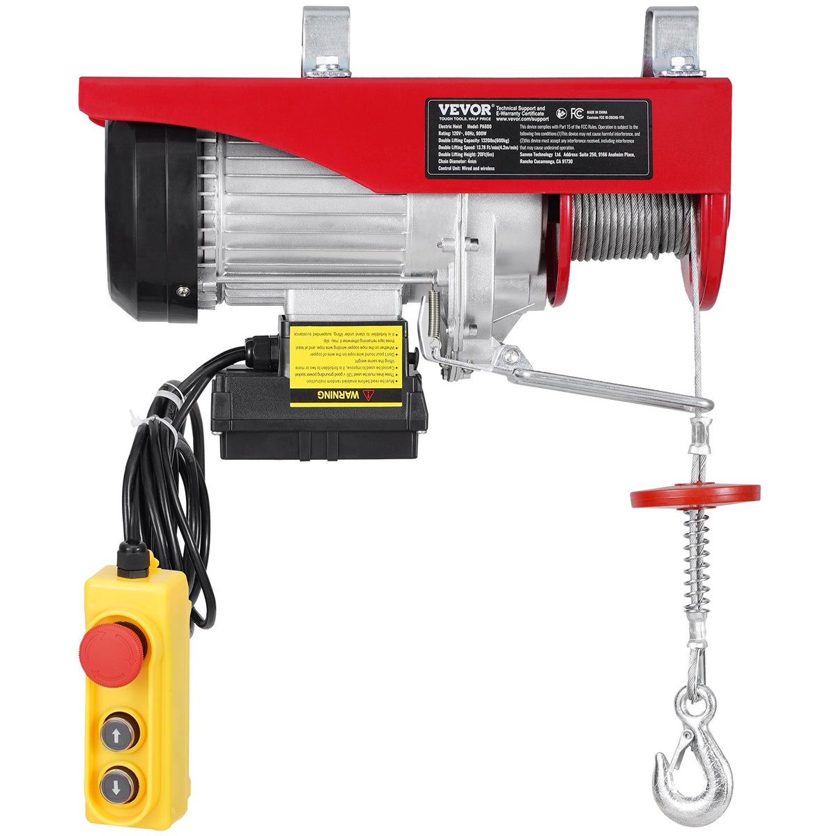 VEVOR electric hoist, winch 600 kg, 100 m wireless remote control and 4.3 m wired remote control