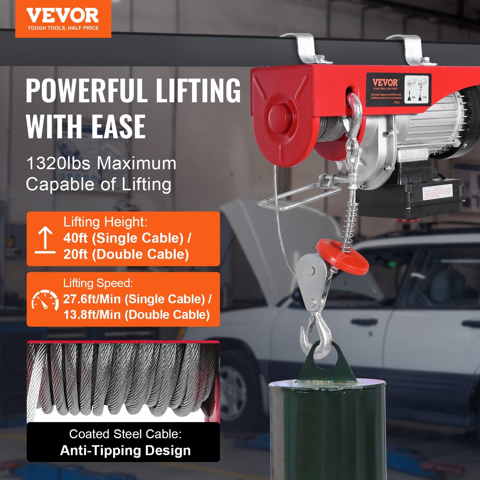 VEVOR electric hoist, winch 600 kg, 100 m wireless remote control and 4.3 m wired remote control