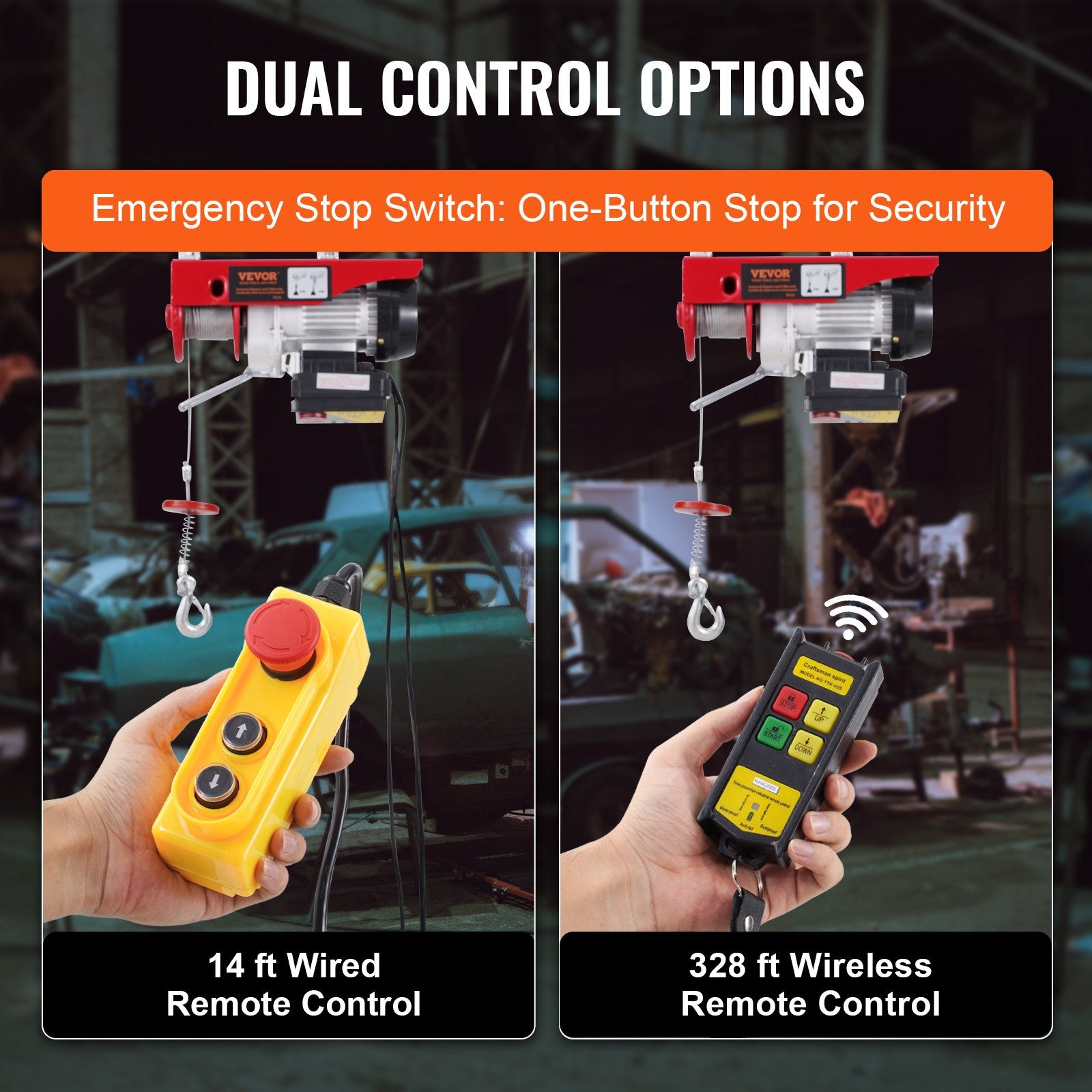 VEVOR electric hoist, winch 600 kg, 100 m wireless remote control and 4.3 m wired remote control