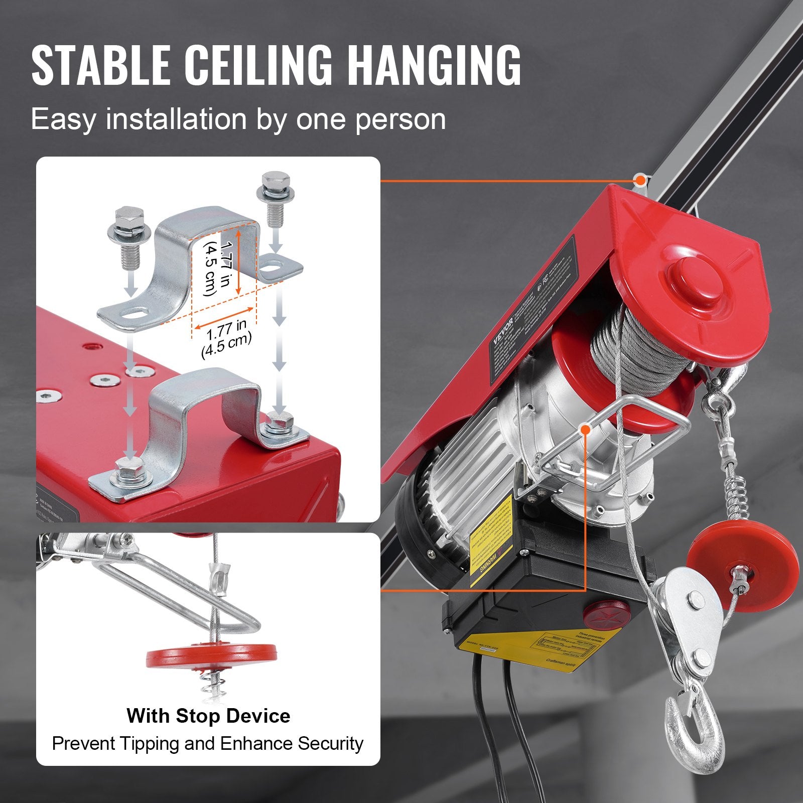VEVOR electric hoist, winch 600 kg, 100 m wireless remote control and 4.3 m wired remote control